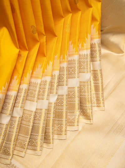 Mango Yellow and Ivory Pure Kanchipuram Silk Saree - Clio Silks