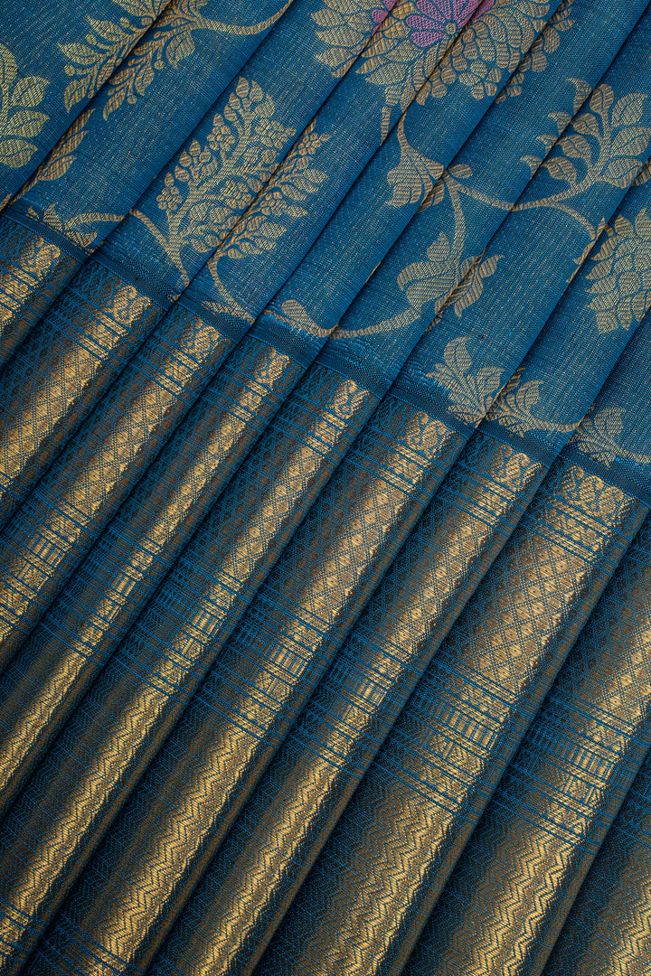 Peacock Blue Traditional Pure Kanchipuram Silk Saree