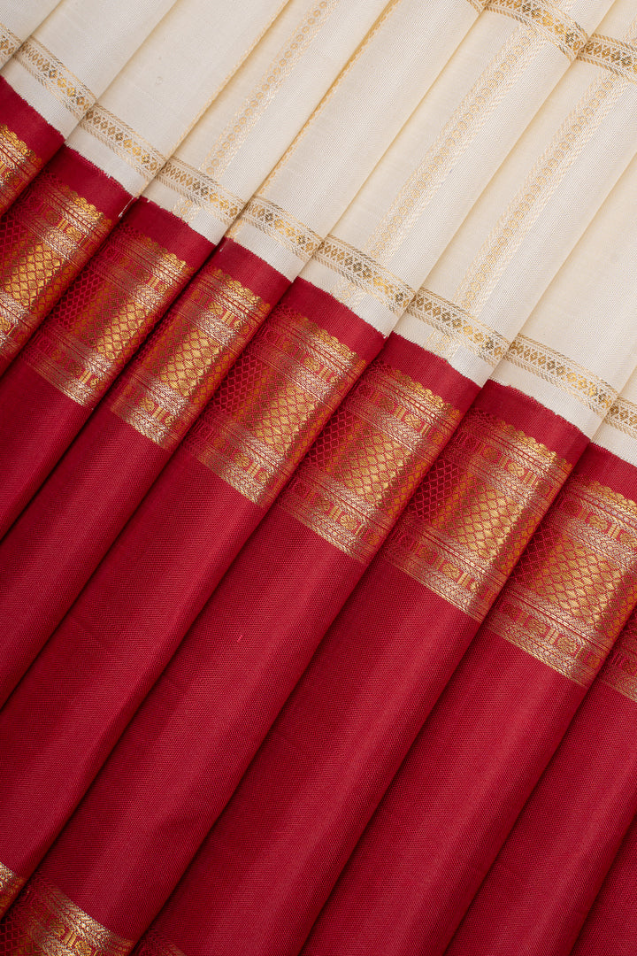 Pearl White and Red Zari Checks Pure Kanchipuram Silk Saree