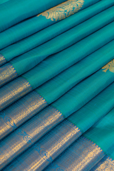 Peacock blue traditional pure Kanchipuram silk saree