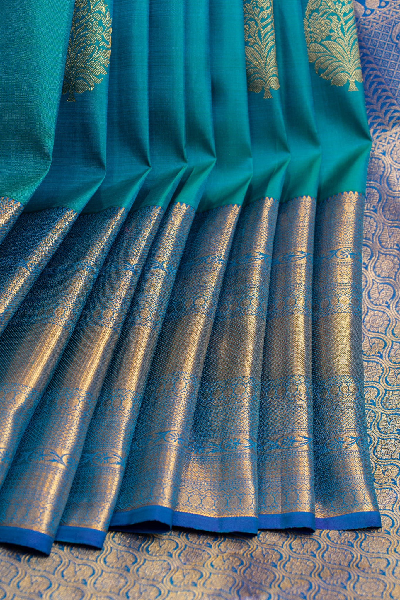 Peacock blue traditional pure Kanchipuram silk saree