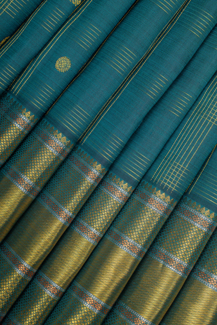 Peacock Blue Stripes Pure Kanchipuram Silk Saree