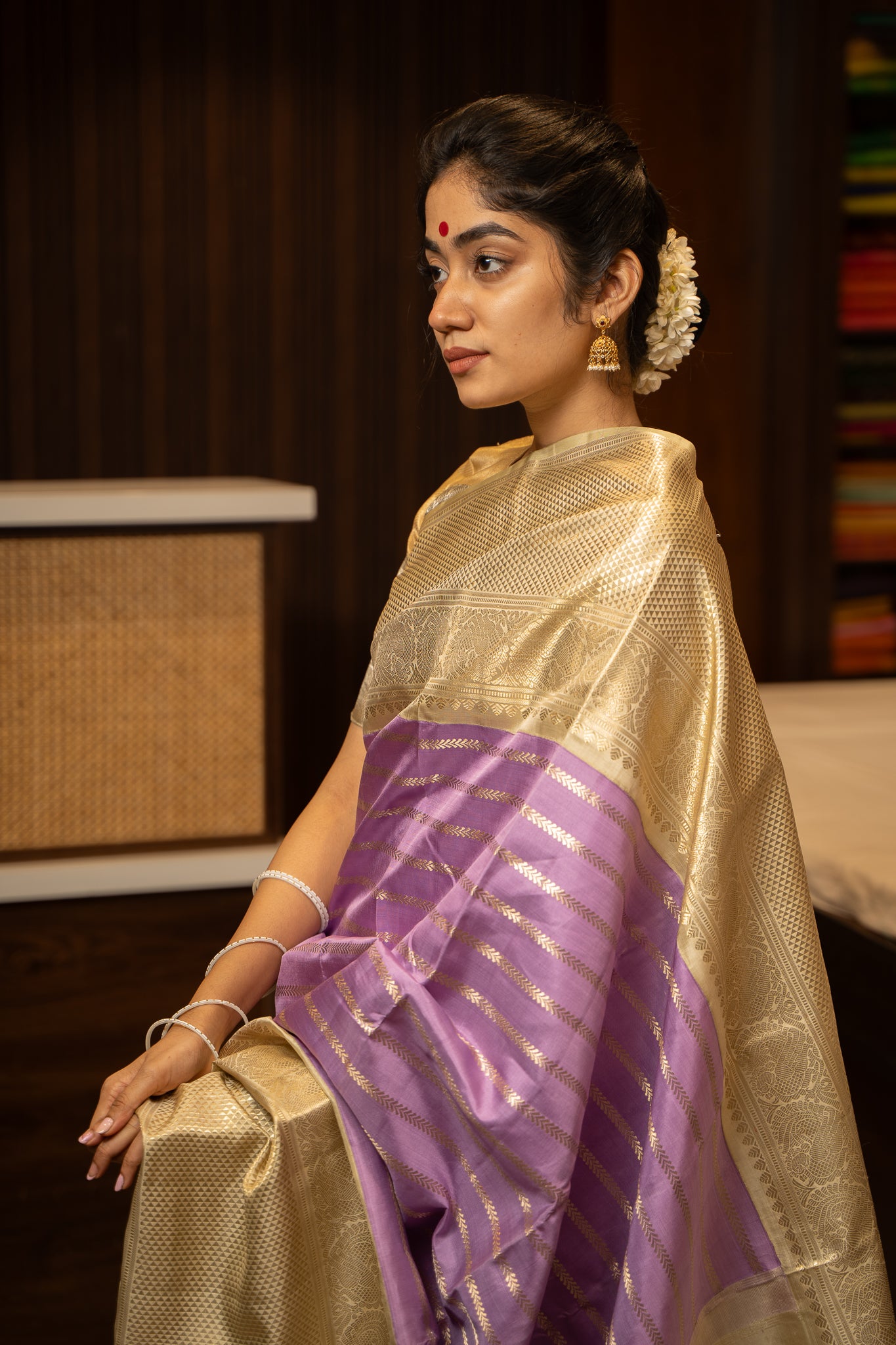 Lilac and Gold Stripes Pure Kanchipuram Silk Saree - Clio Silks