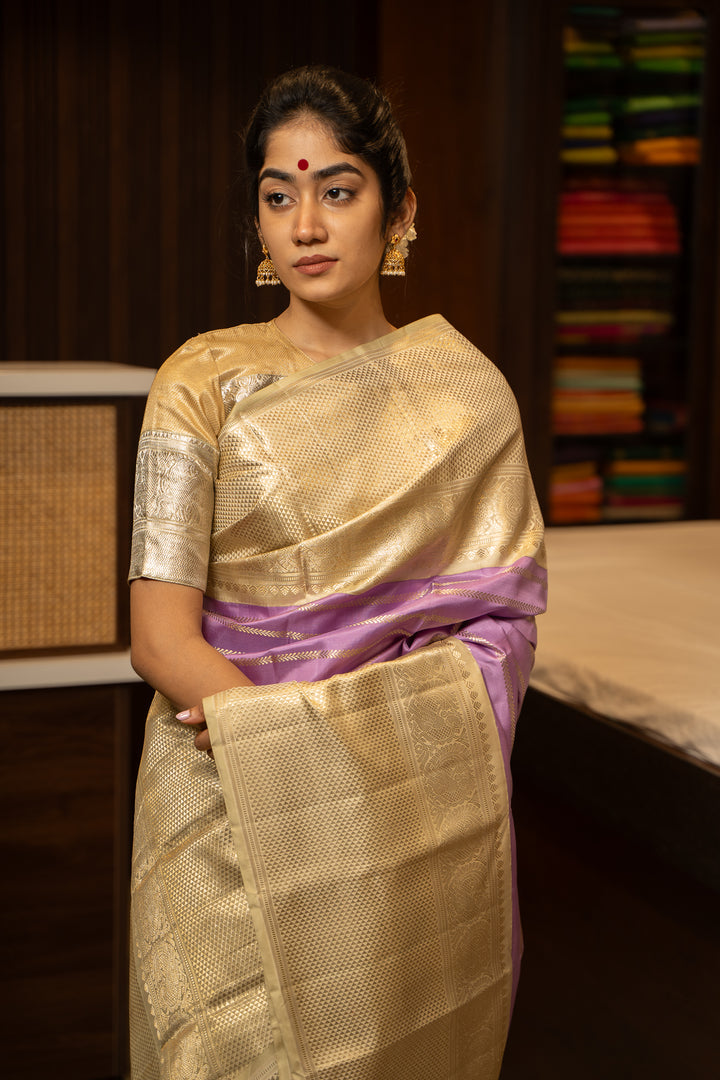 Lilac and Gold Stripes Pure Kanchipuram Silk Saree - Clio Silks