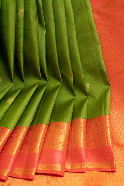 Leave green and peach traditional pure Kanchipuram silk saree