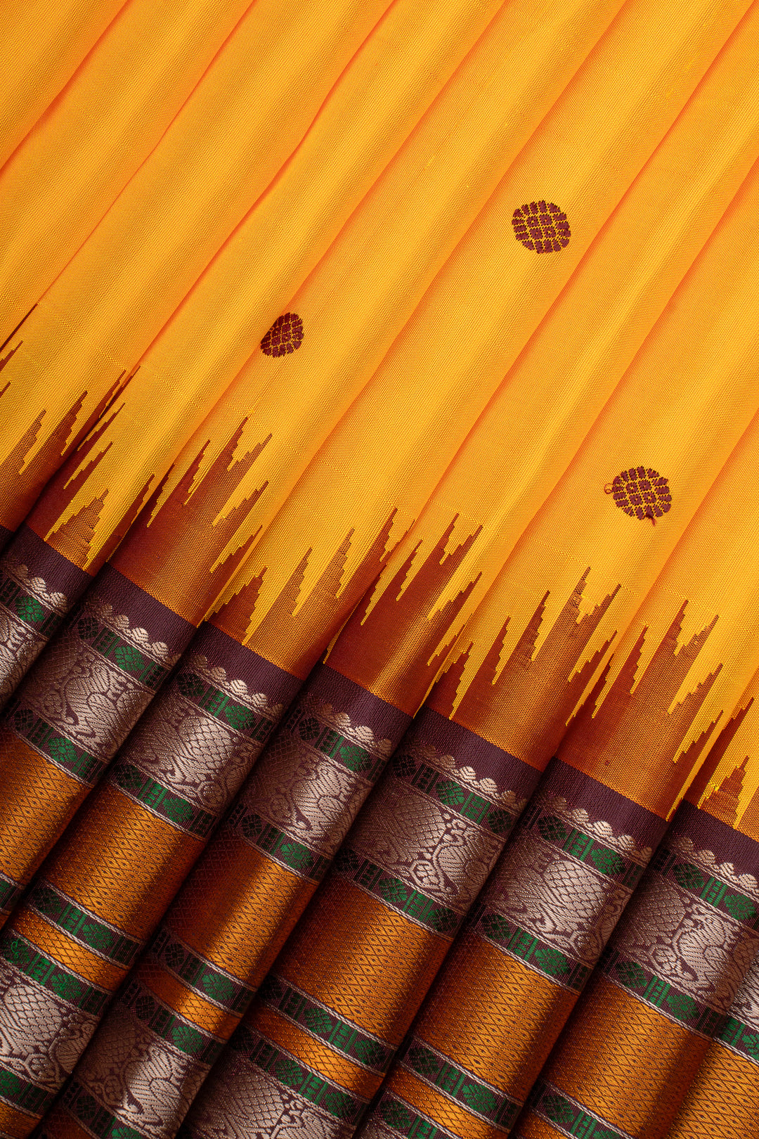 Yellow &amp; Maroon Threadwork Pure Kanchipuram Silk Saree