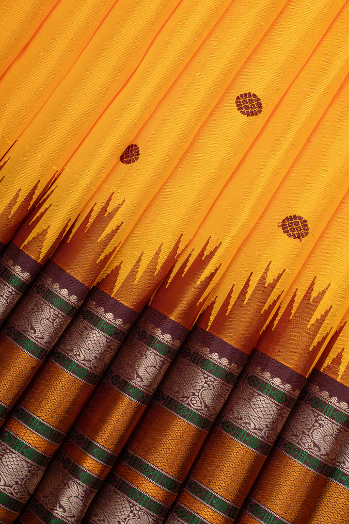 Yellow &amp; Maroon Threadwork Pure Kanchipuram Silk Saree