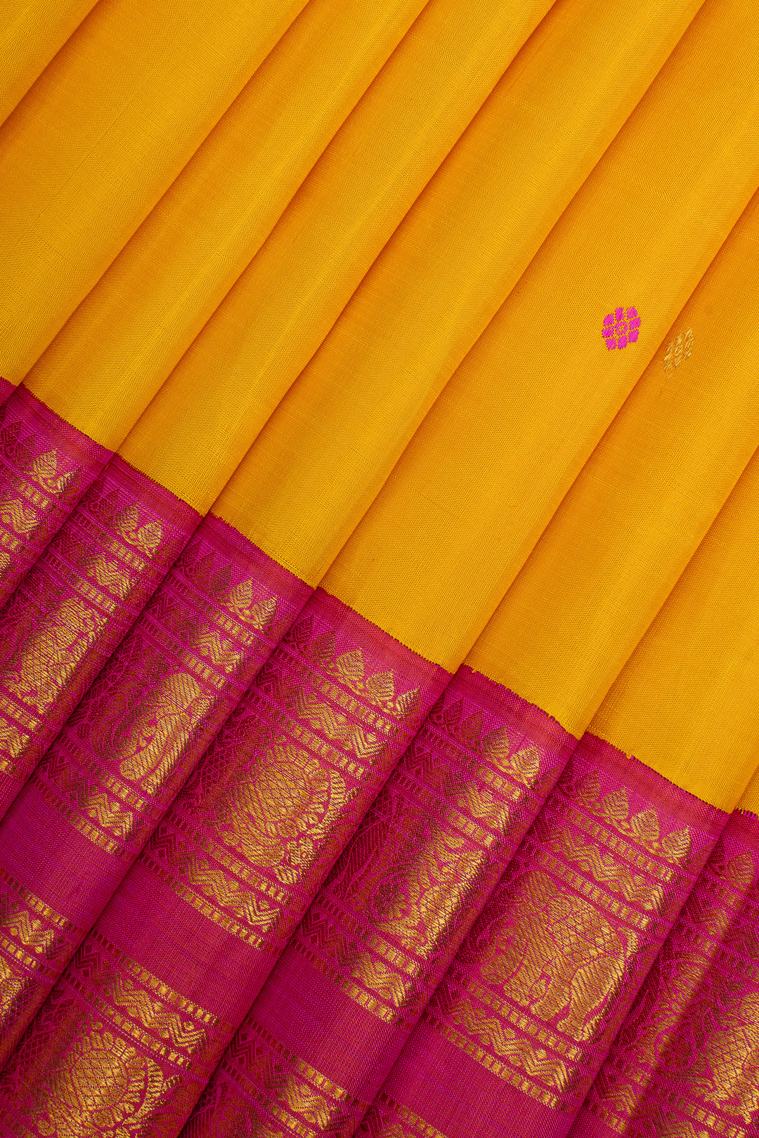 Yellow &amp; Pink Traditional Pure Kanchipuram Silk Saree