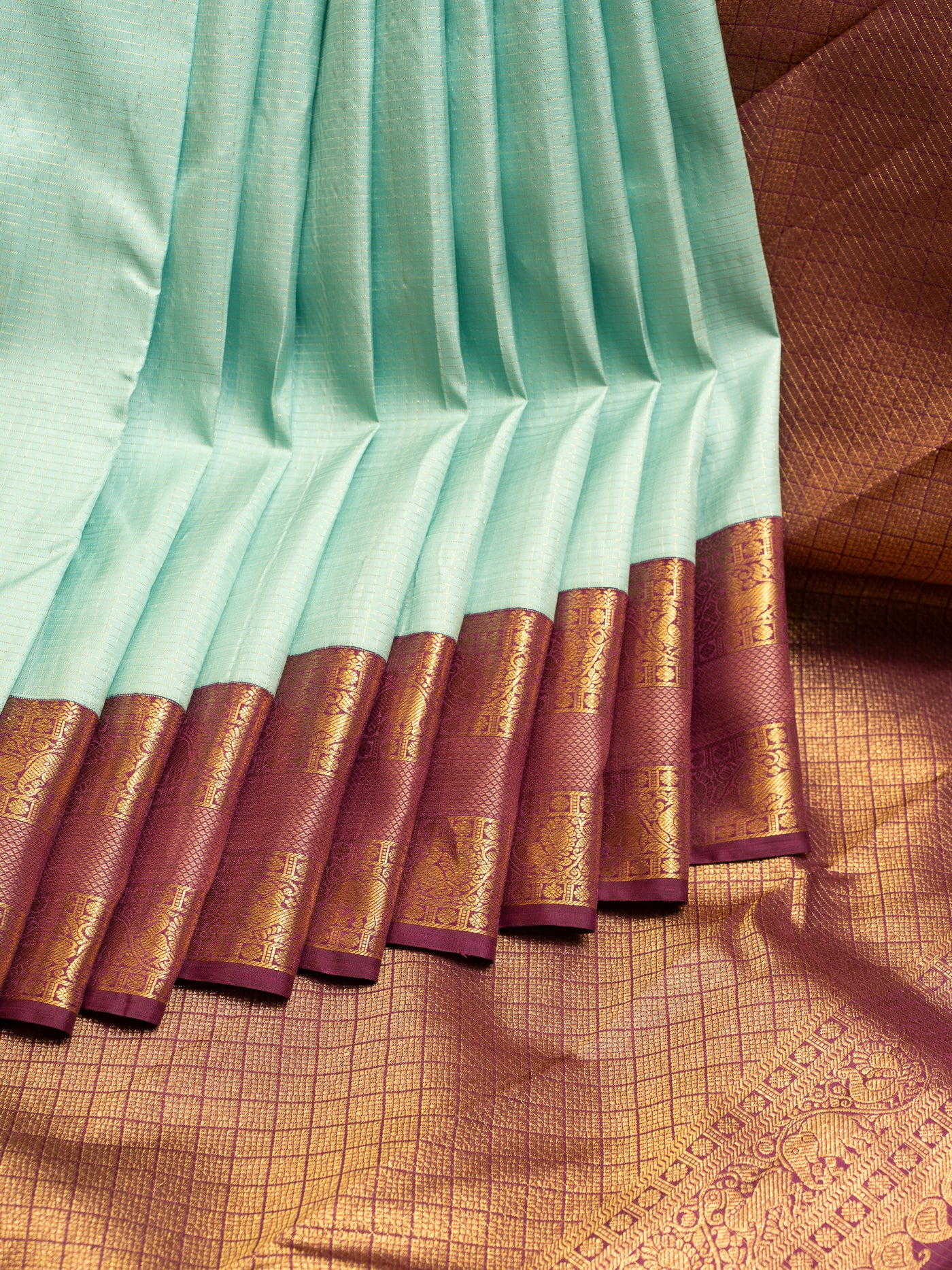 Ice Blue Zari Checks Rettai Pettu Pure Kanjivaram Silk Saree