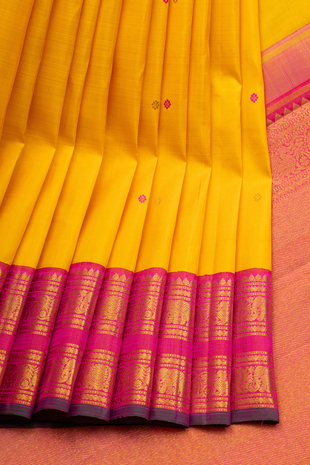 Yellow &amp; Pink Traditional Pure Kanchipuram Silk Saree