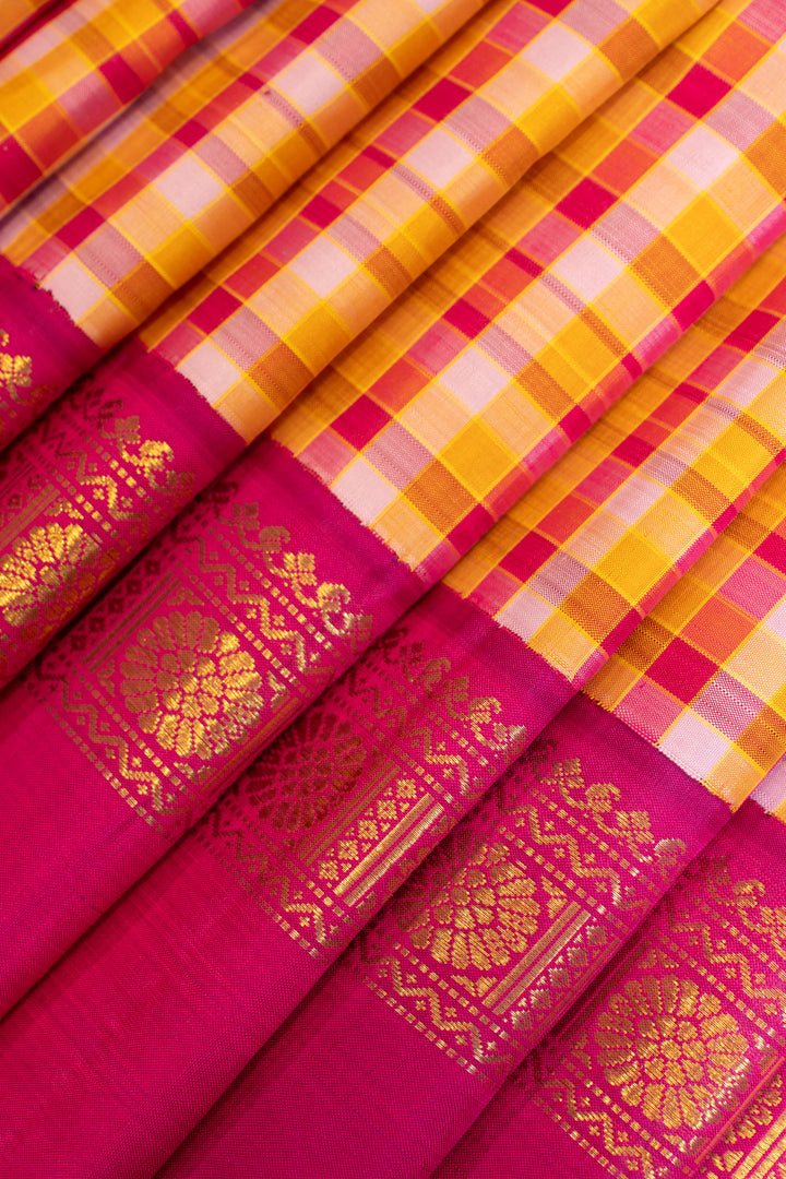 Magenta checks rettai pettu pure zari Kanchipuram silk saree