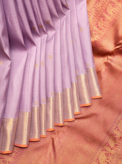 Lilac Checks Pure Zari Kanchipuram Silk Saree - Clio Silks