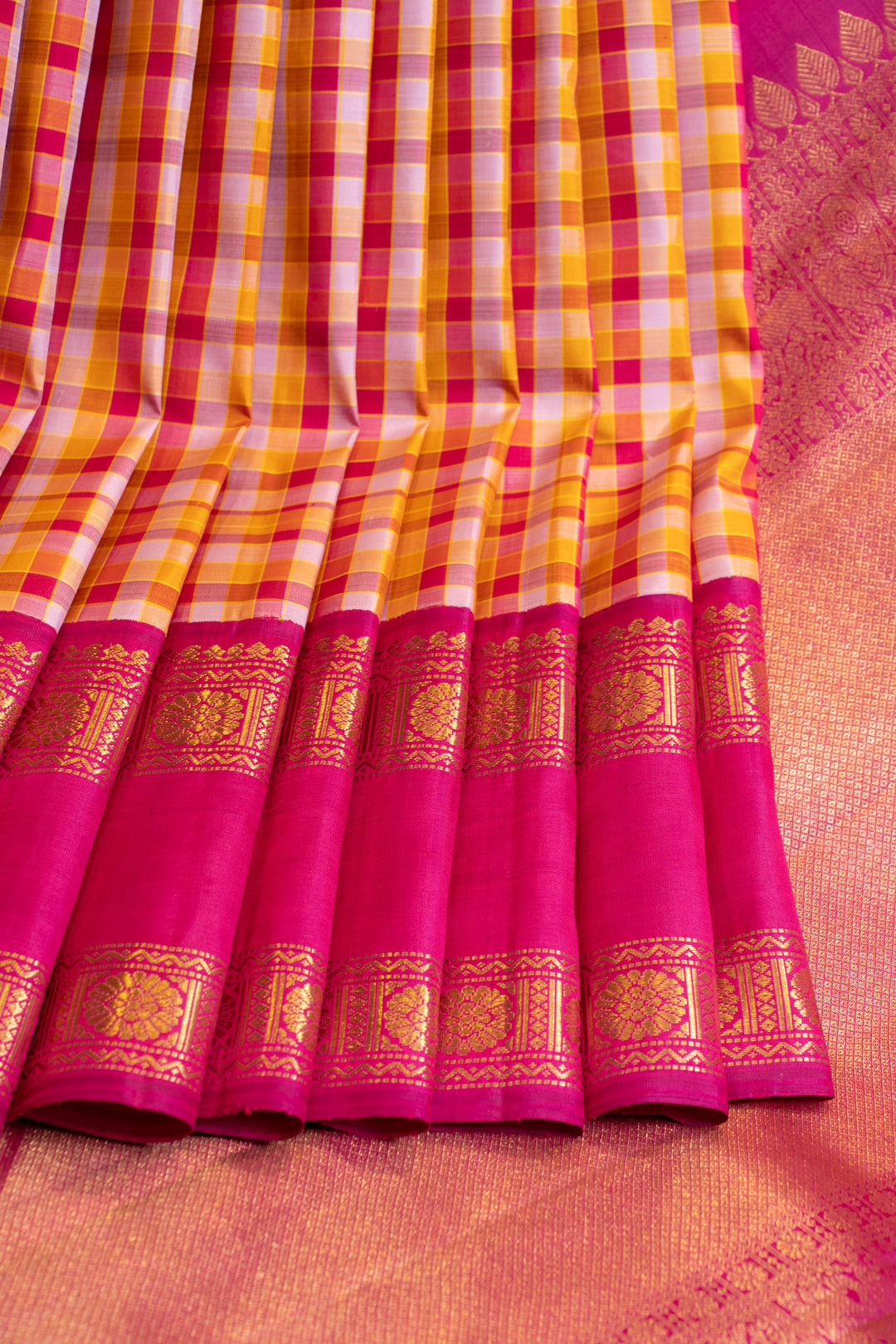 Magenta checks rettai pettu pure zari Kanchipuram silk saree