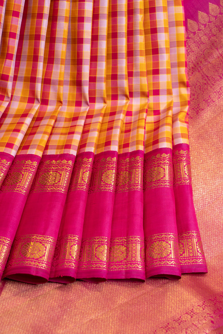 Magenta checks rettai pettu pure zari Kanchipuram silk saree