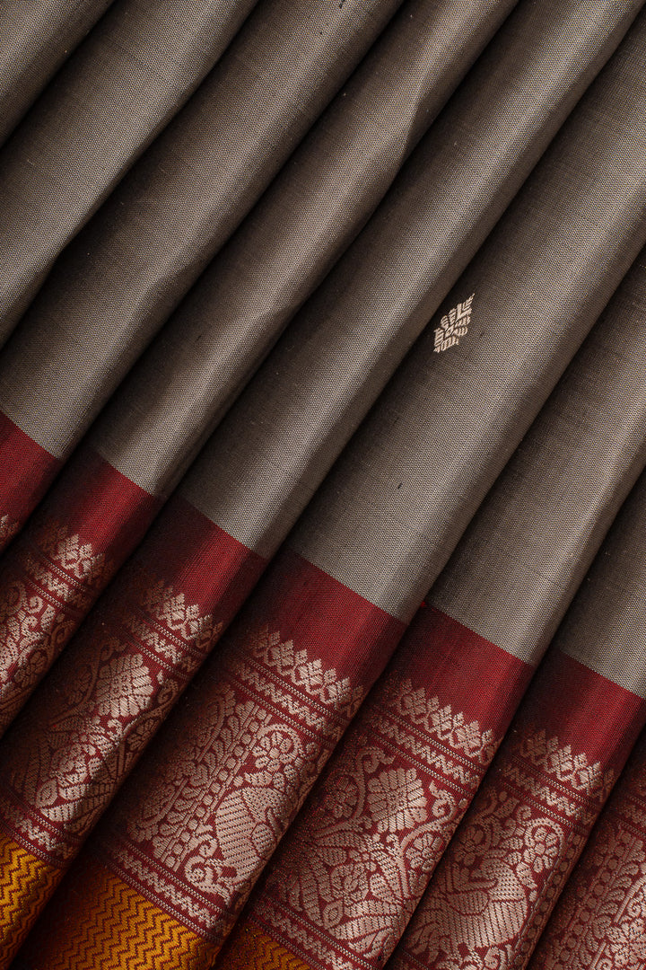 Grey &amp; Maroon Threadwork Pure Kanchipuram Silk Saree