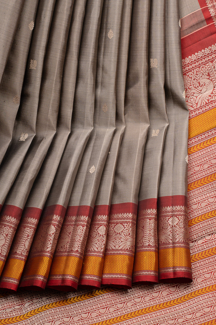 Grey &amp; Maroon Threadwork Pure Kanchipuram Silk Saree