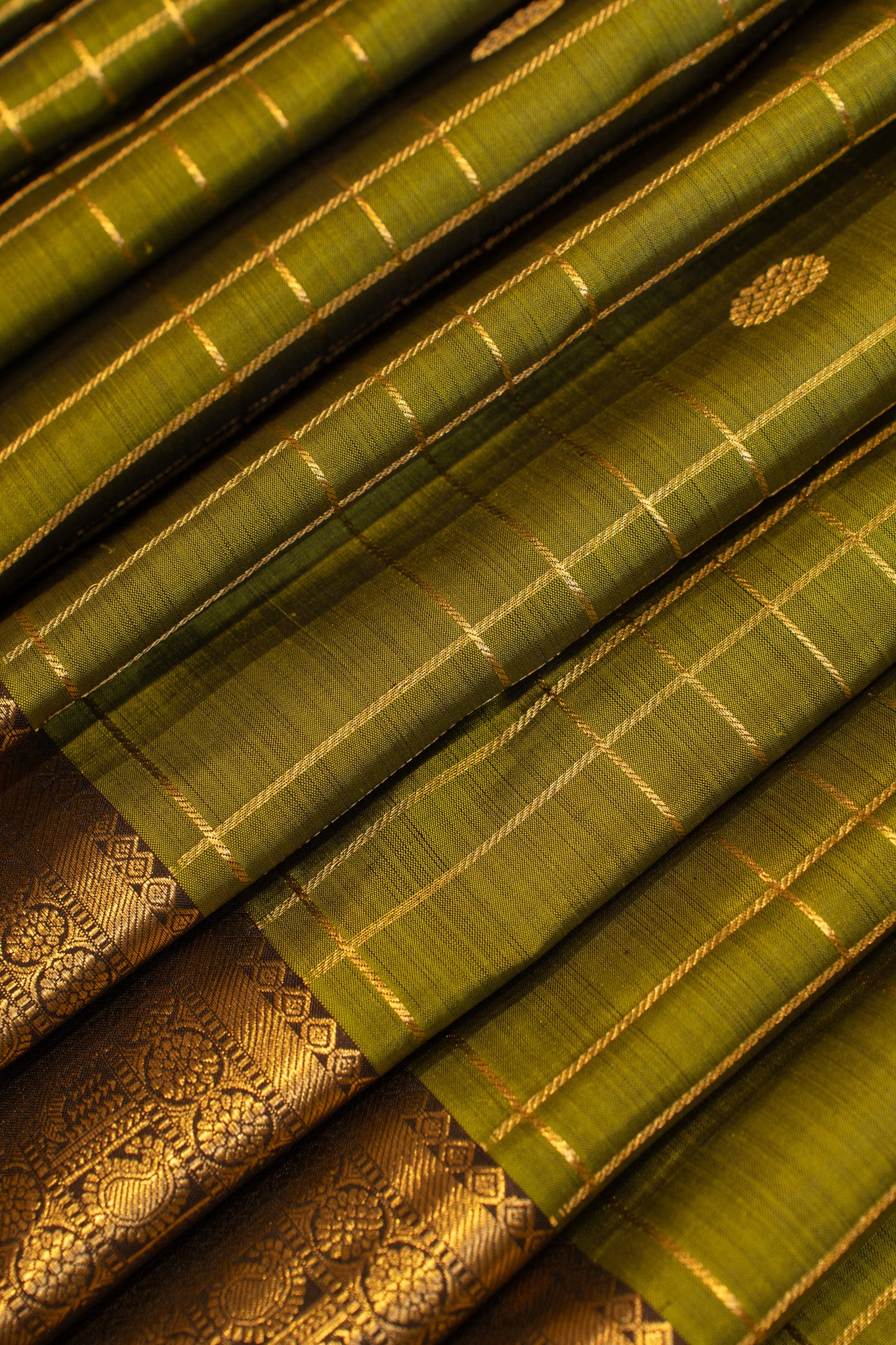 Olive green zari checks small border pure Kanchipuram silk saree