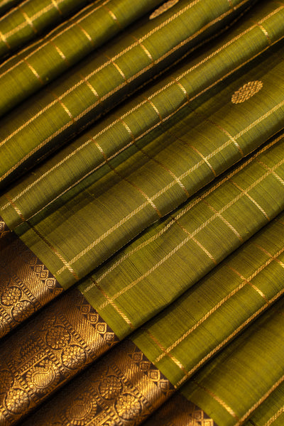 Olive green zari checks small border pure Kanchipuram silk saree