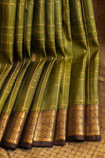 Olive green zari checks small border pure Kanchipuram silk saree