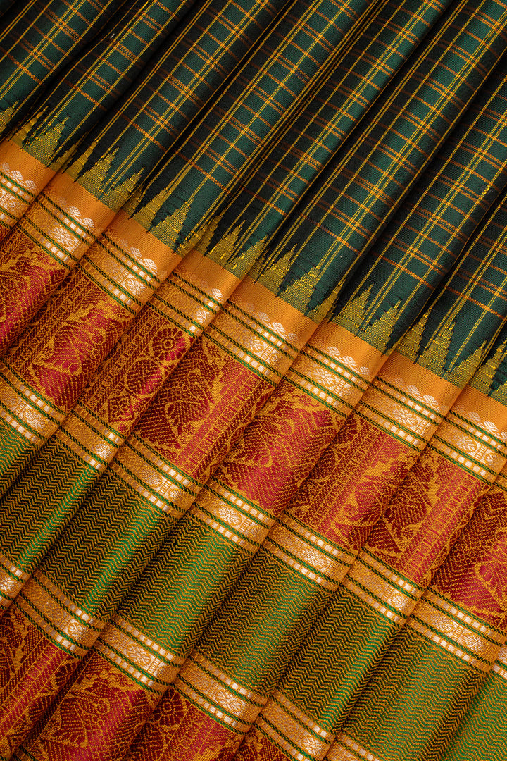 Emerald Green Checks Threadwork Pure Kanchipuram Silk Saree