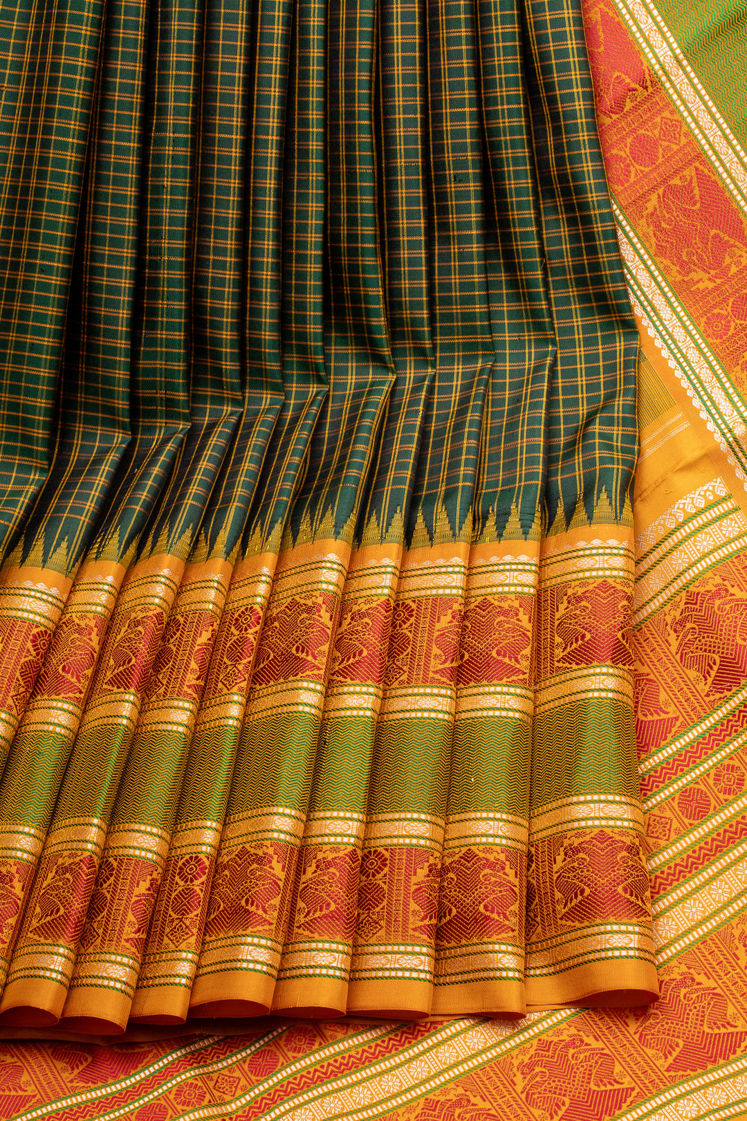 Emerald Green Checks Threadwork Pure Kanchipuram Silk Saree