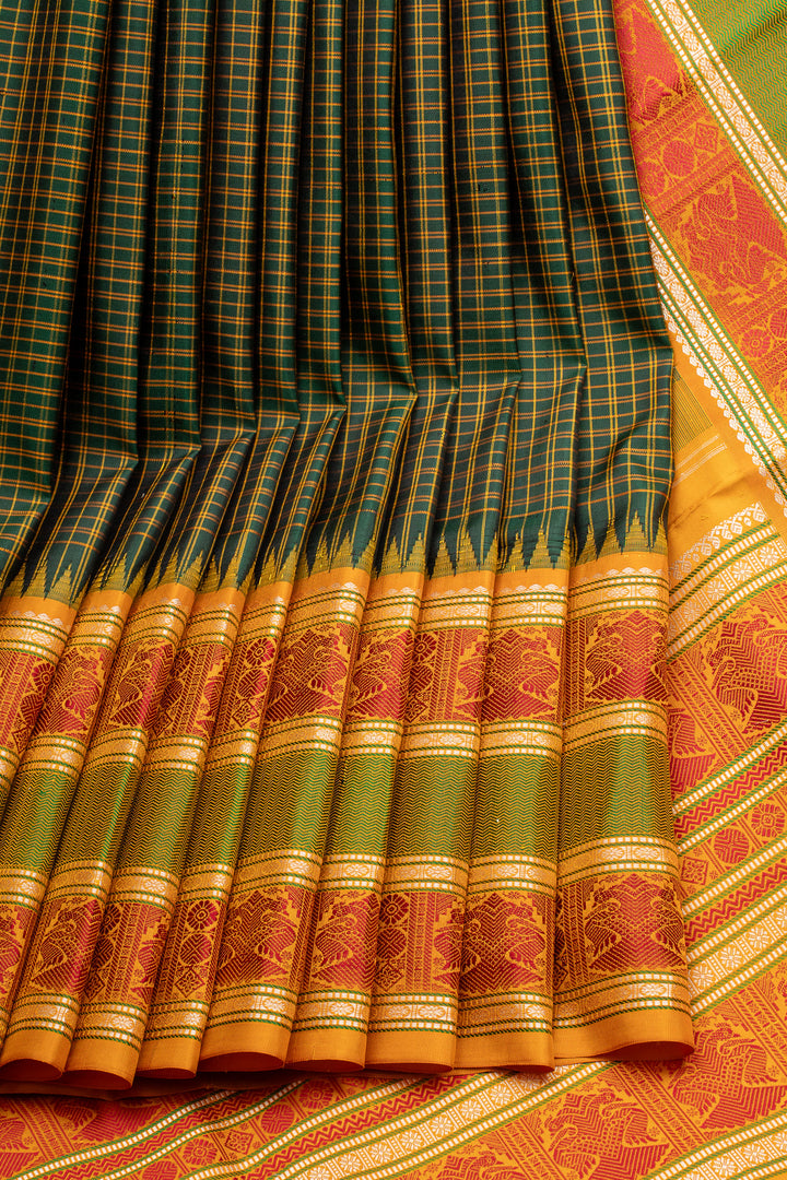 Emerald Green Checks Threadwork Pure Kanchipuram Silk Saree