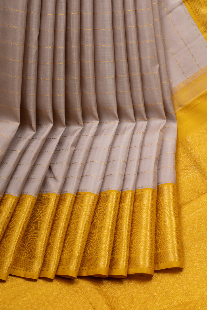 Silverish grey and yellow neli stripes pure kanchipuram silk saree
