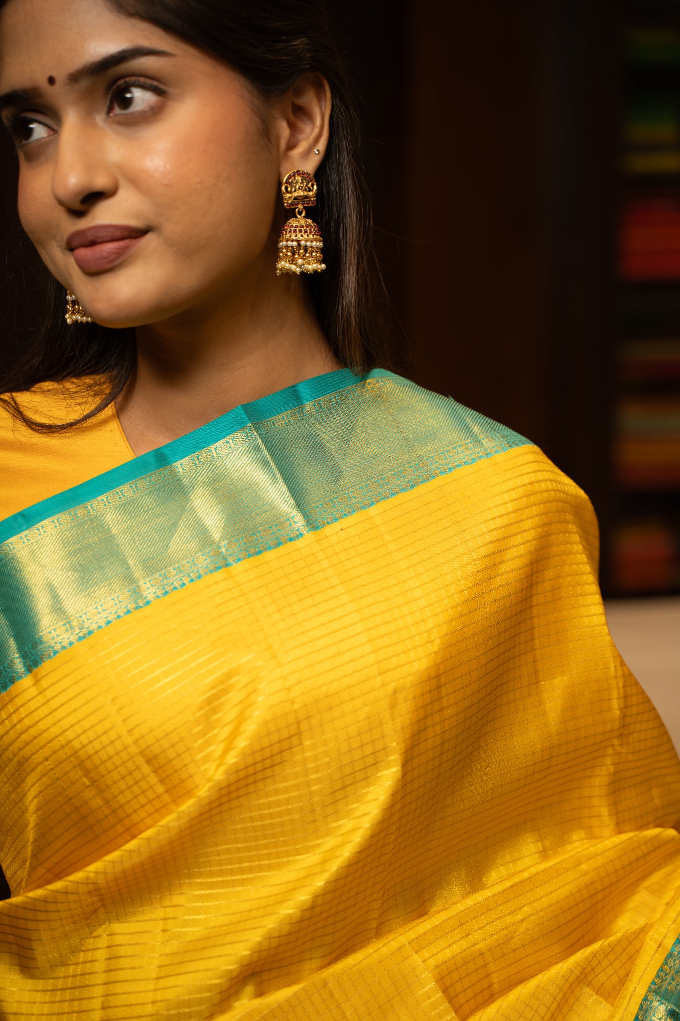 Yellow and Teal Blue Pure Kanchipuram Silk Saree - Clio Silks