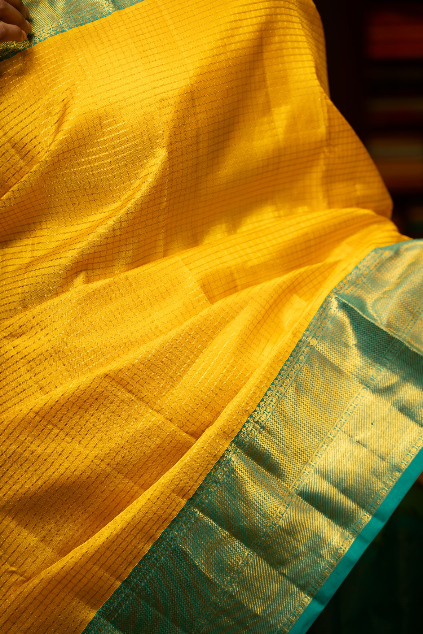 Yellow and Teal Blue Pure Kanchipuram Silk Saree - Clio Silks