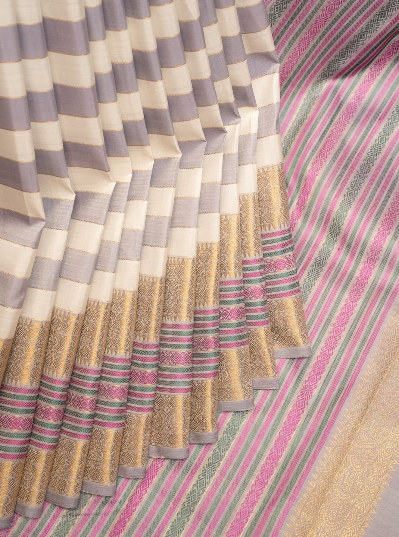 Ivory and Lilac Stripes Pure Zari Kanchipuram Silk Saree - Clio Silks