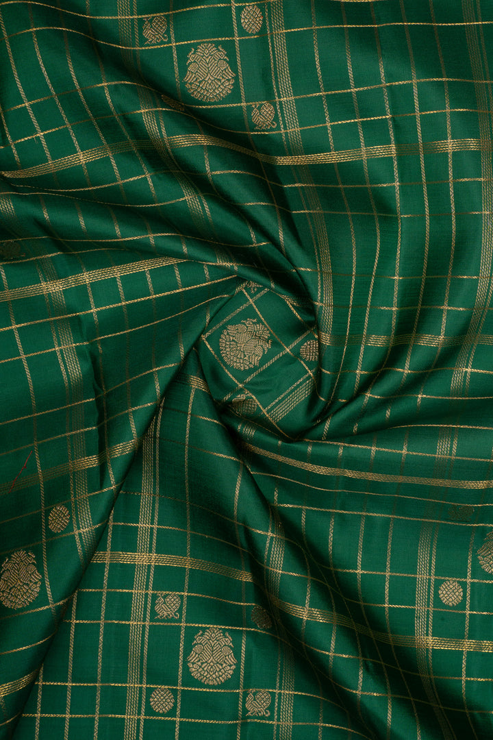Emerald green and red zari checks pure kanchipuram silk saree