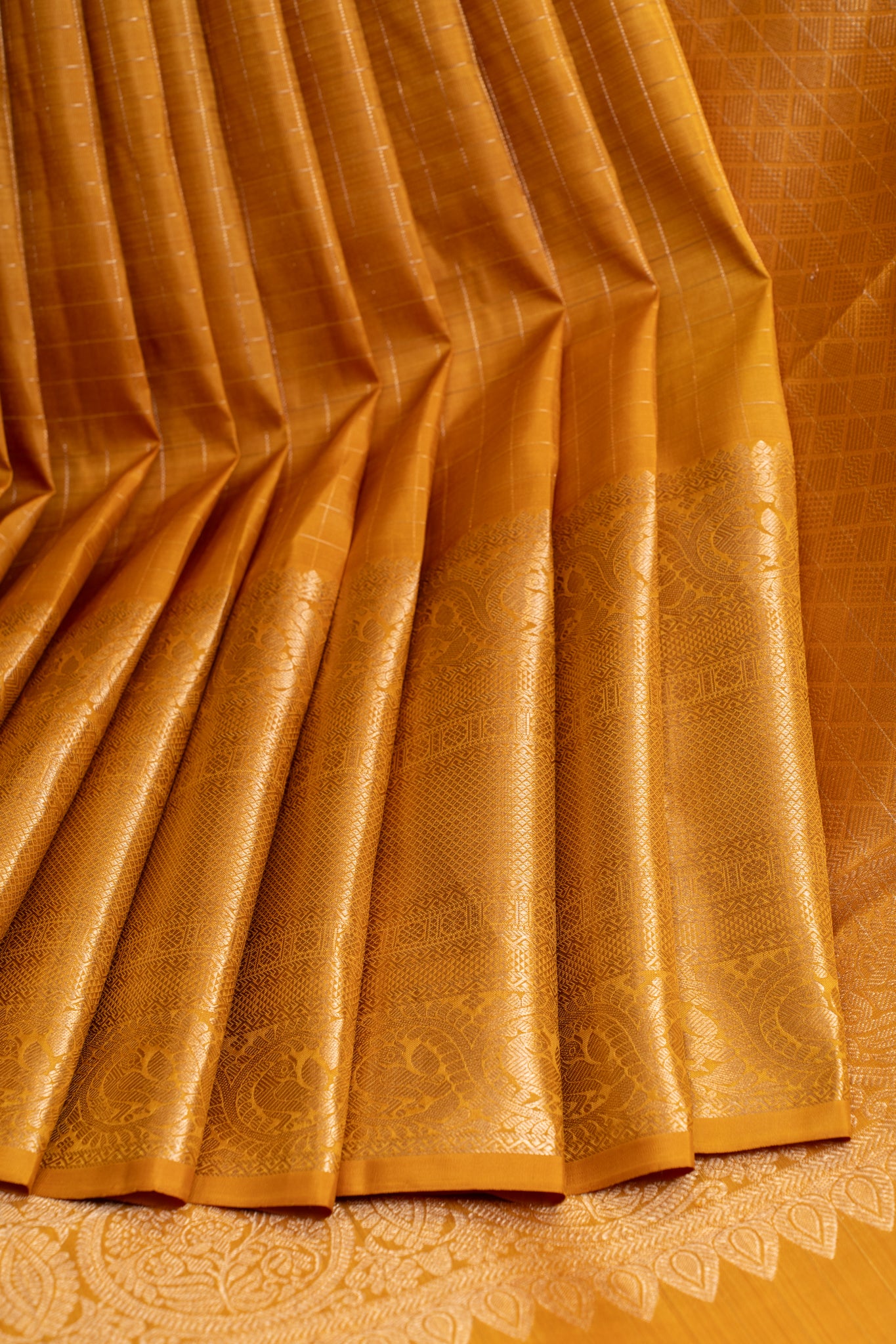 Mustard zari checks pure Kanchipuram silk saree