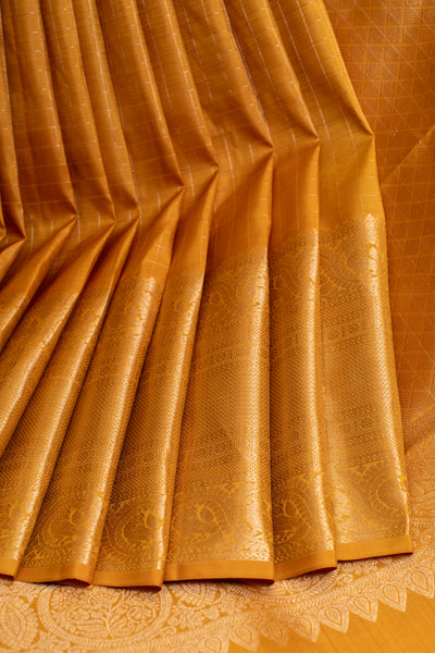 Mustard zari checks pure Kanchipuram silk saree