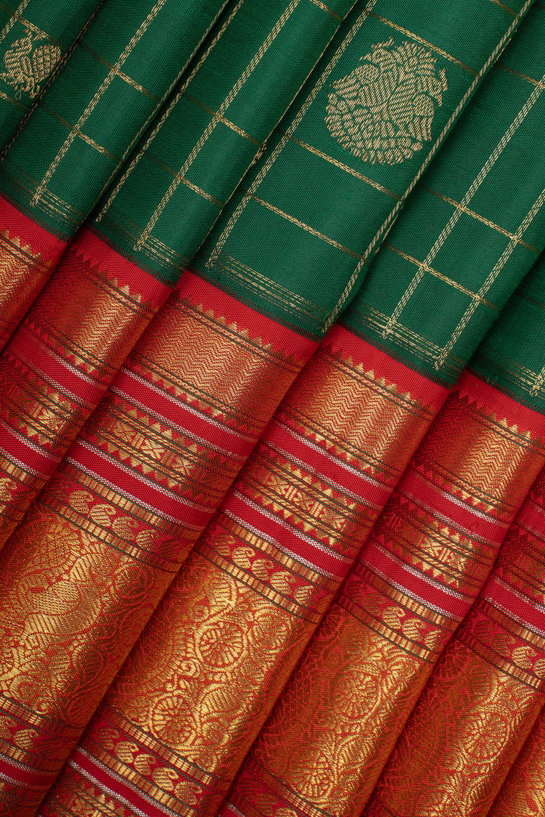 Emerald green and red zari checks pure kanchipuram silk saree