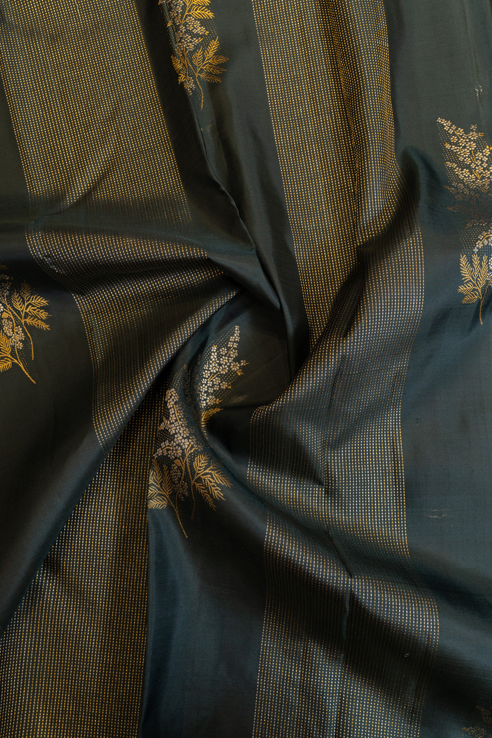 Black borderless zari panel pure Kanchipuram silk saree