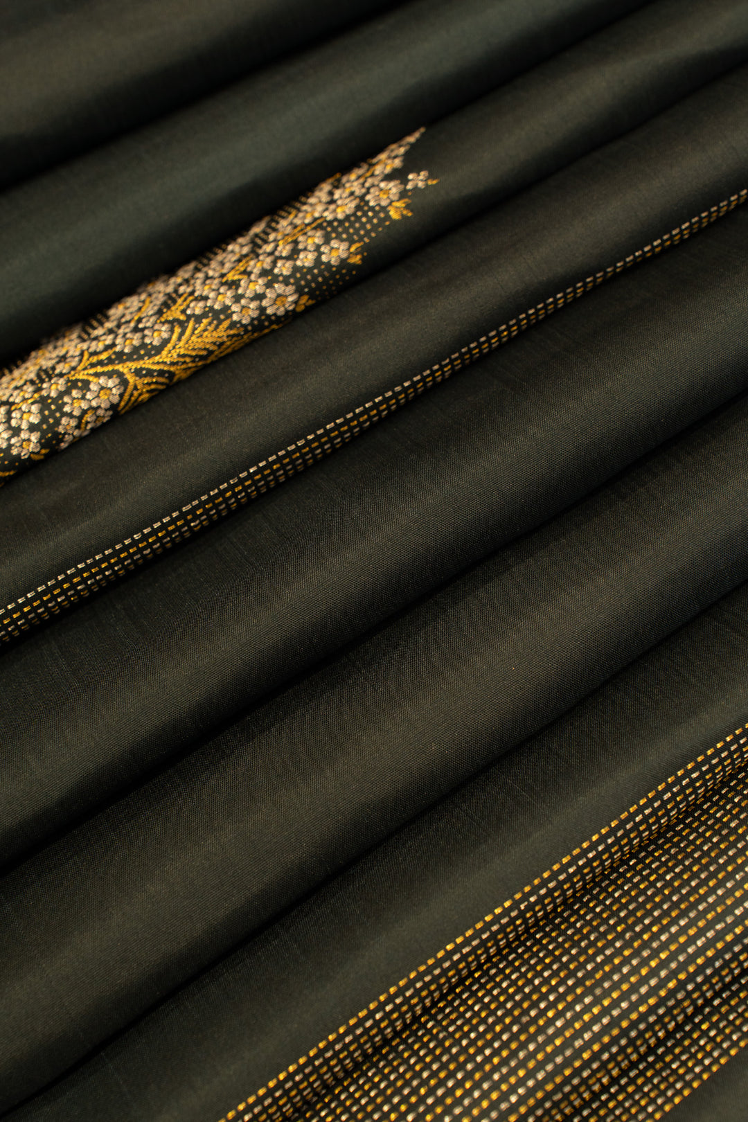 Black borderless zari panel pure Kanchipuram silk saree