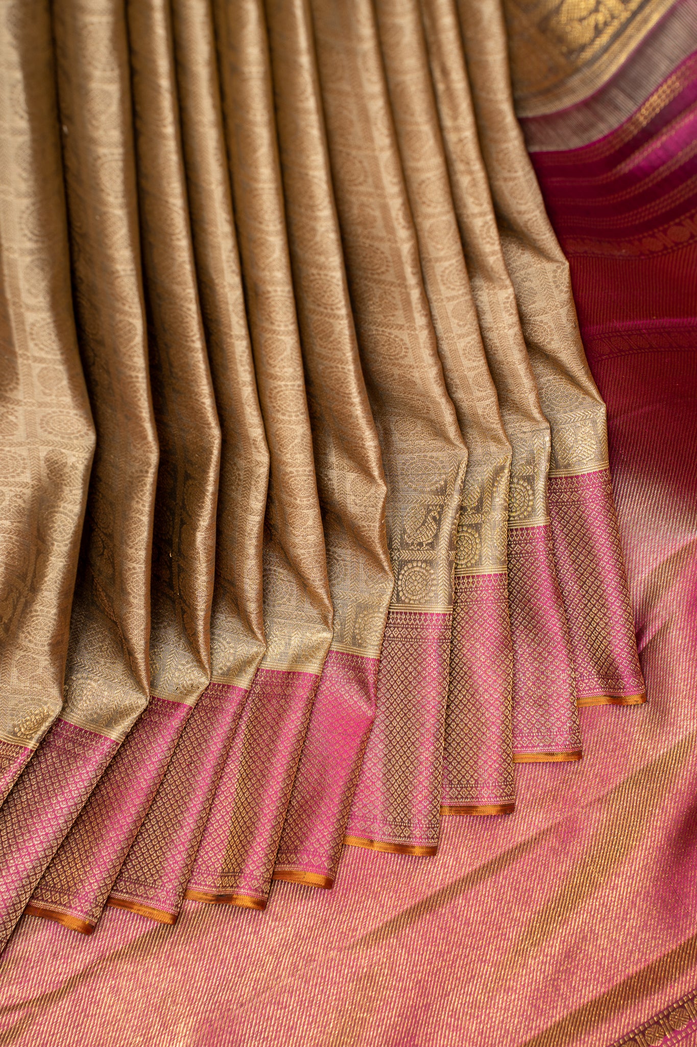 Khaki Gold Brocade Kanchipuram Silk Saree - Clio Silks