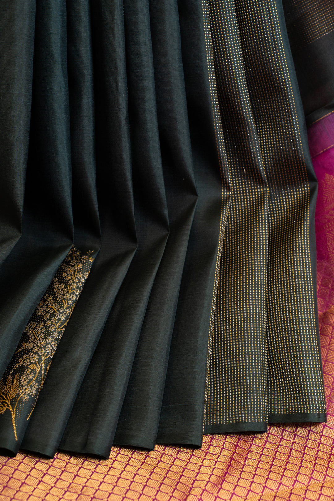 Black borderless zari panel pure Kanchipuram silk saree