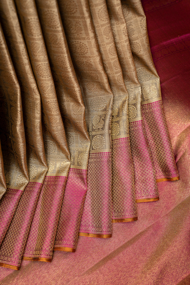 Khaki Gold Brocade Kanchipuram Silk Saree - Clio Silks