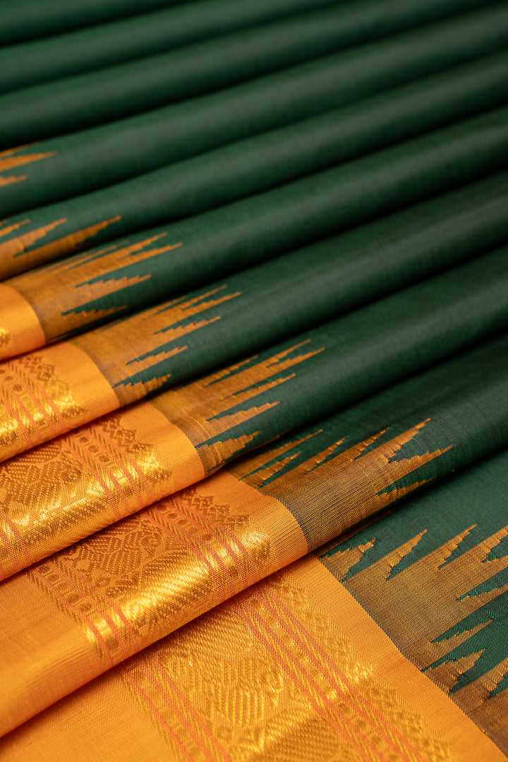 Bottle Green and Mustard Pure Kanchipuram Silk Saree - Clio Silks