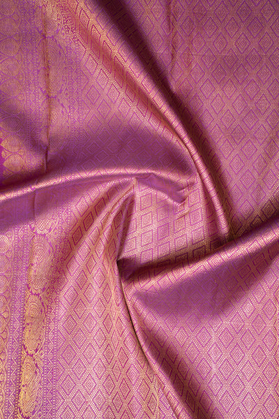 Peach Orange and Purple Checks Pure Zari Kanchipuram Silk Saree - Clio Silks