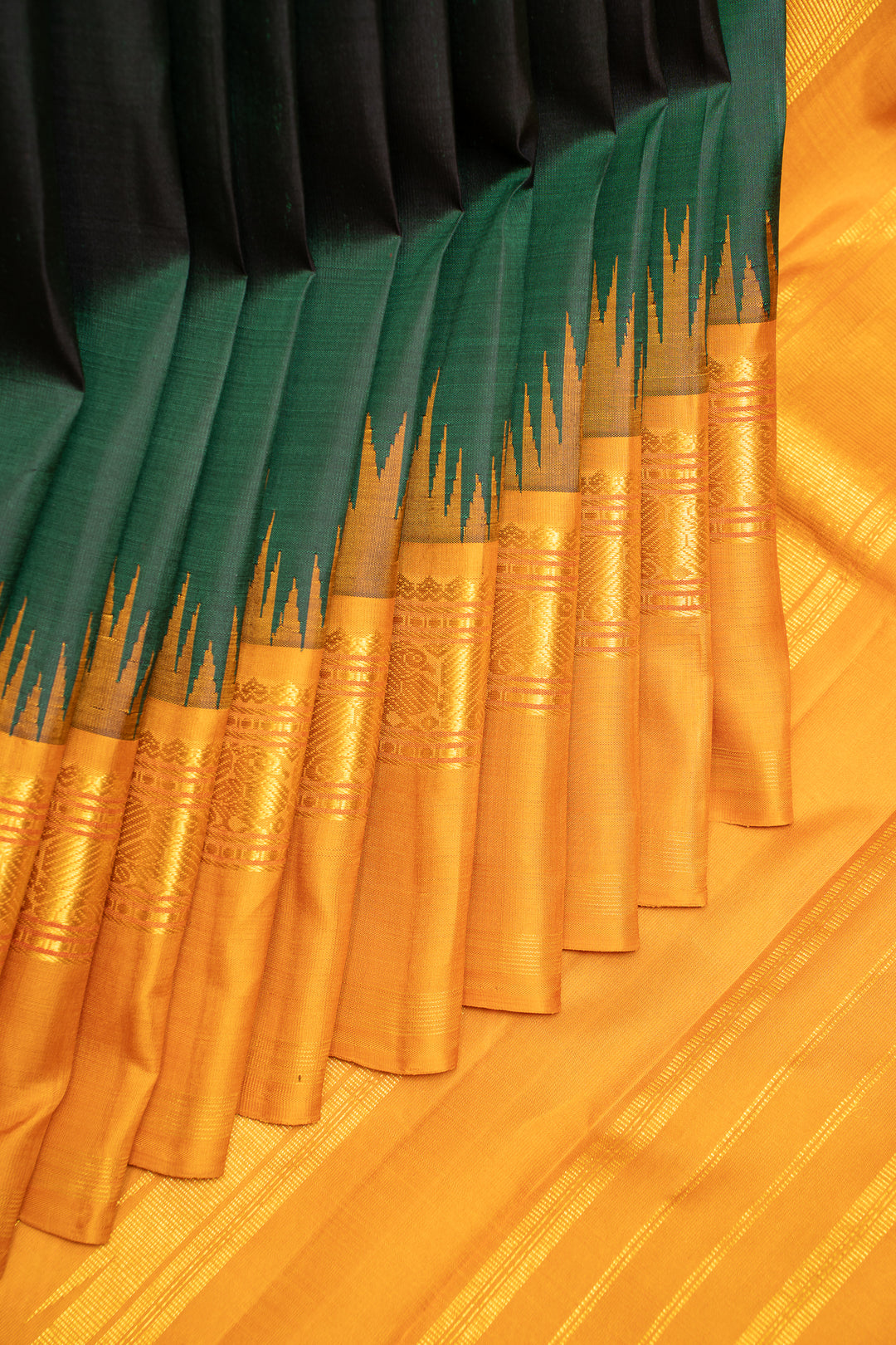 Bottle Green and Mustard Pure Kanchipuram Silk Saree - Clio Silks