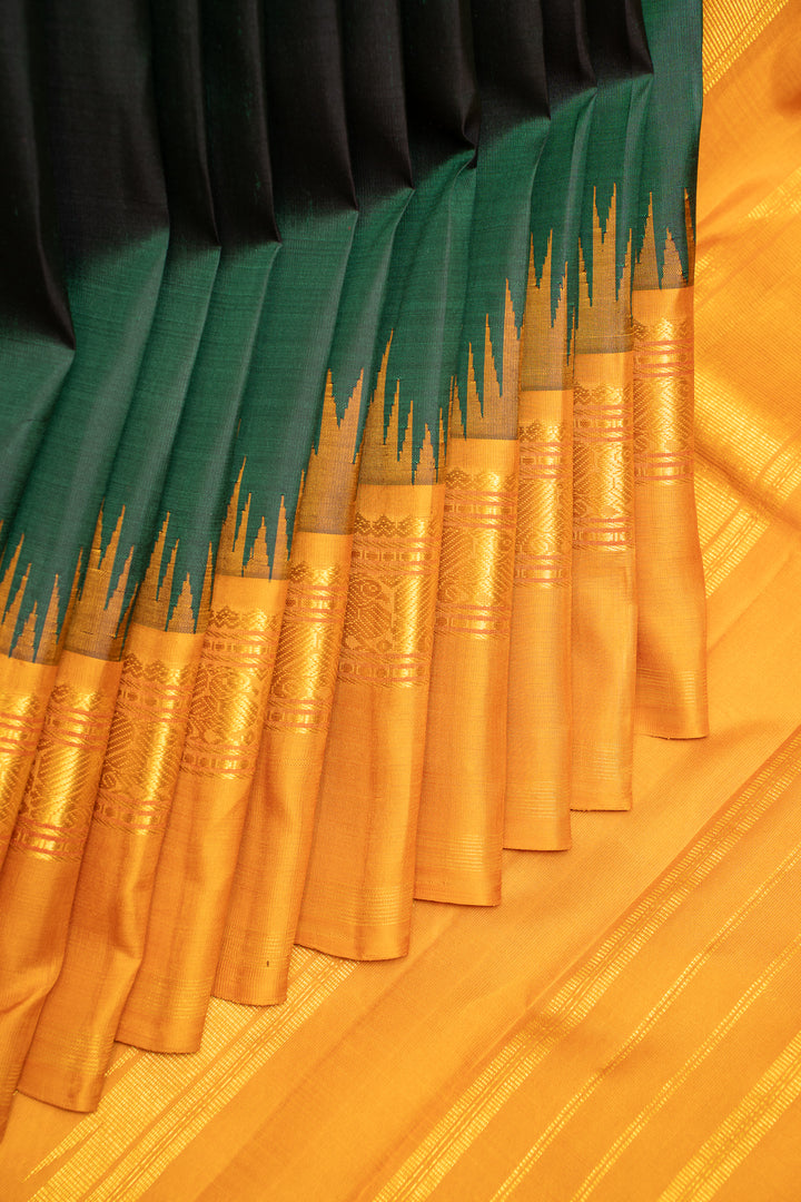 Bottle Green and Mustard Pure Kanchipuram Silk Saree - Clio Silks