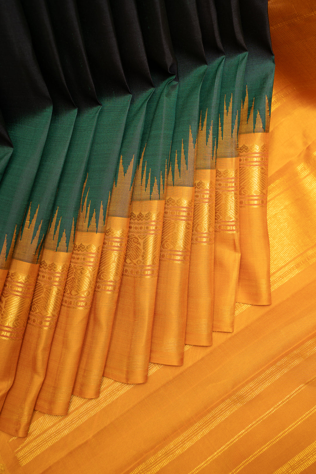 Bottle Green and Mustard Pure Kanchipuram Silk Saree - Clio Silks