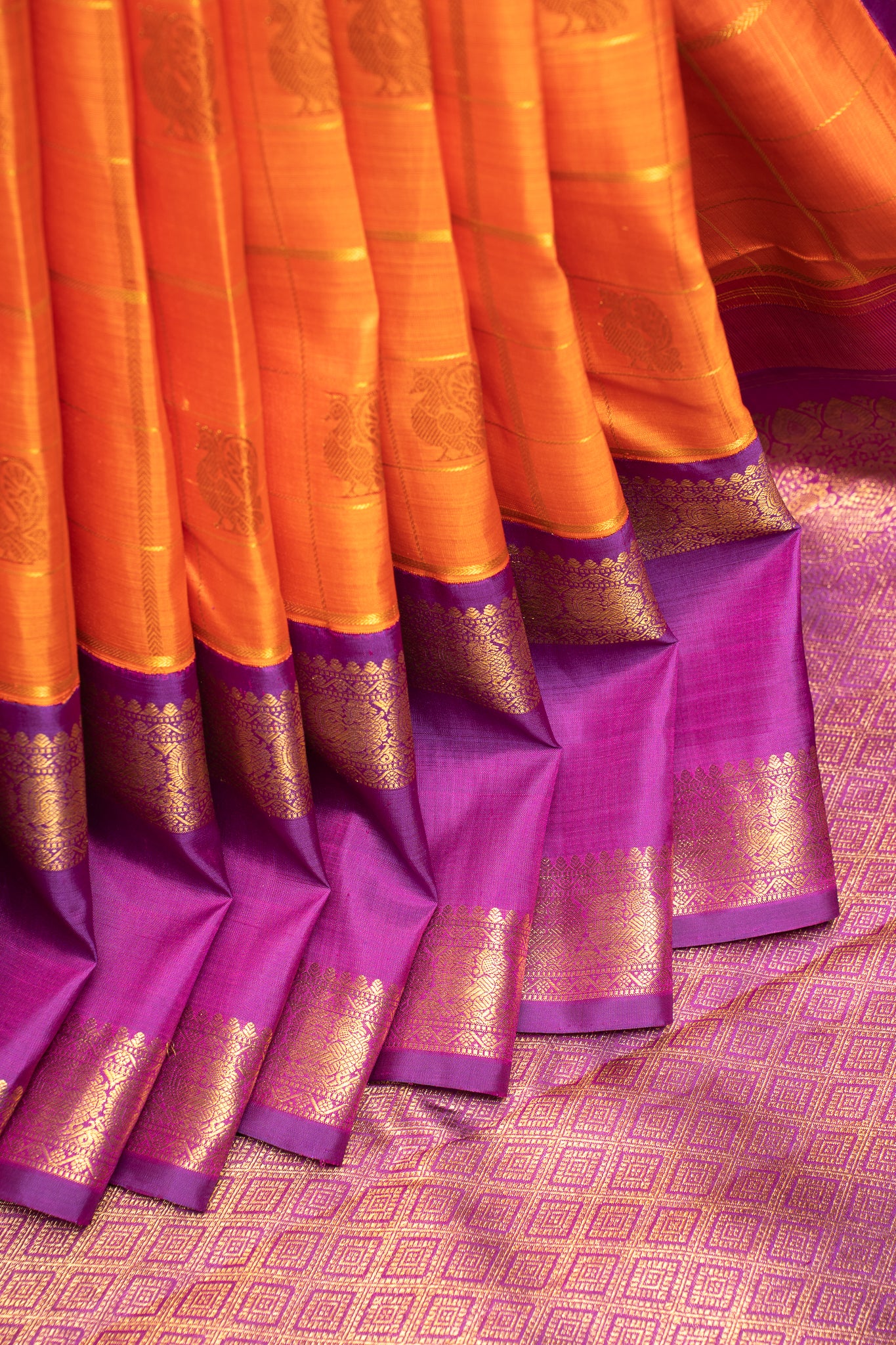 Peach Orange and Purple Checks Pure Zari Kanchipuram Silk Saree - Clio Silks