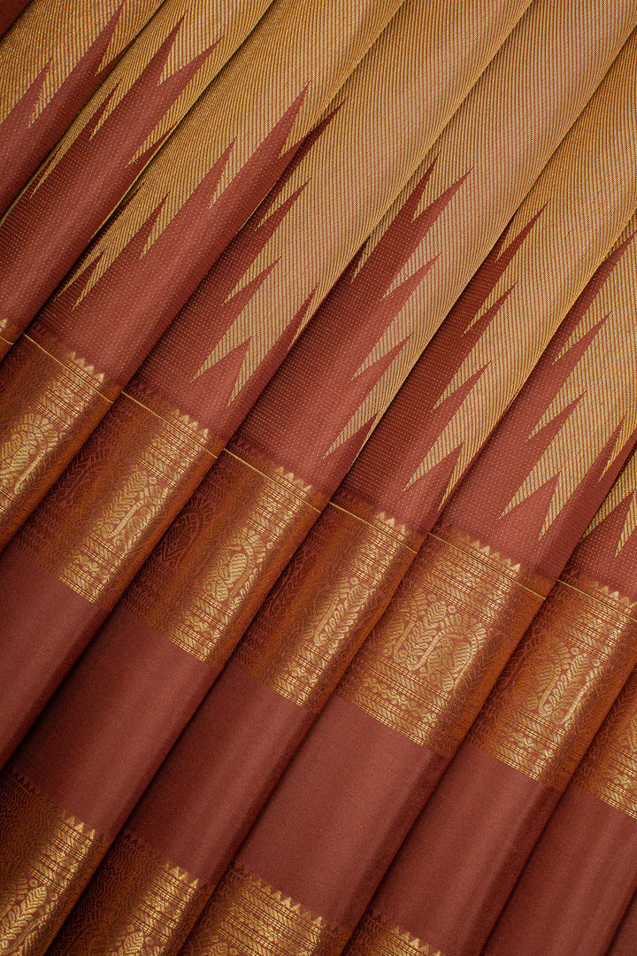 Apricot Peach Temple Brocade Pure Kanchipuram Silk Saree