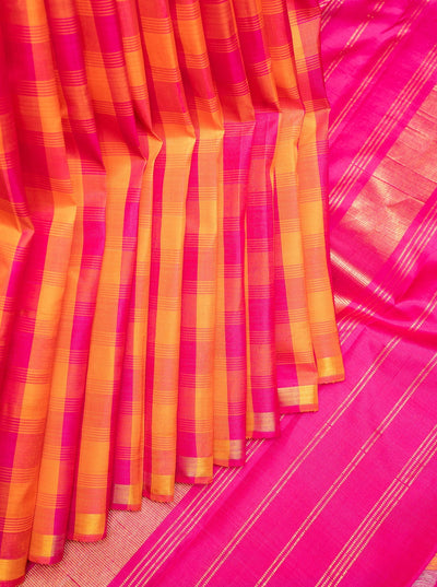 Pink and Orange Multi Checks Pure Kanchipuram Silk Saree - Clio Silks