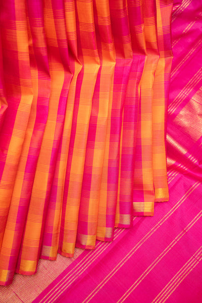 Pink and Orange Multi Checks Pure Kanchipuram Silk Saree - Clio Silks