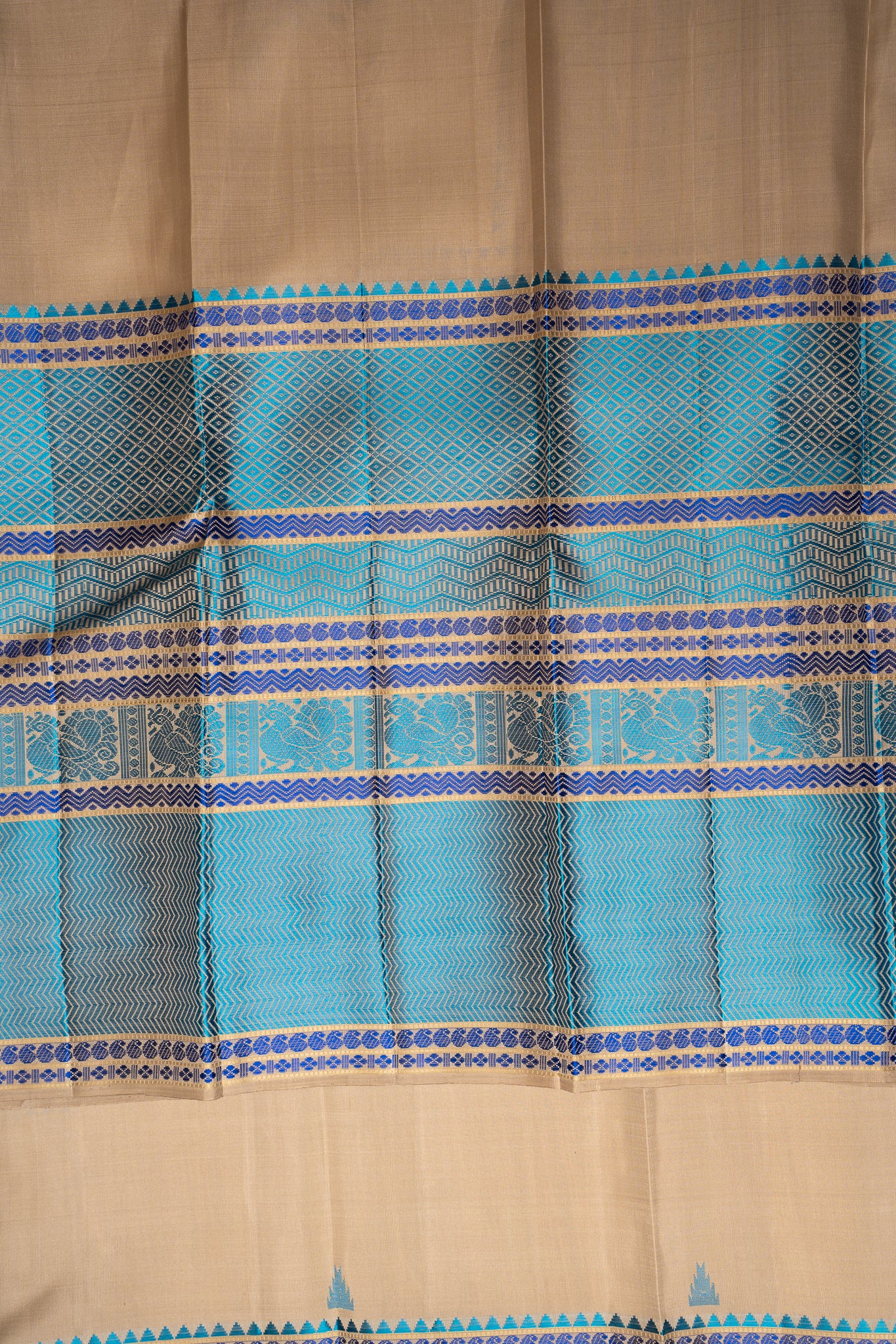 Beige and Blue Without Zari Pattu Pettu Pure Kanchipuram Silk Saree - Clio Silks