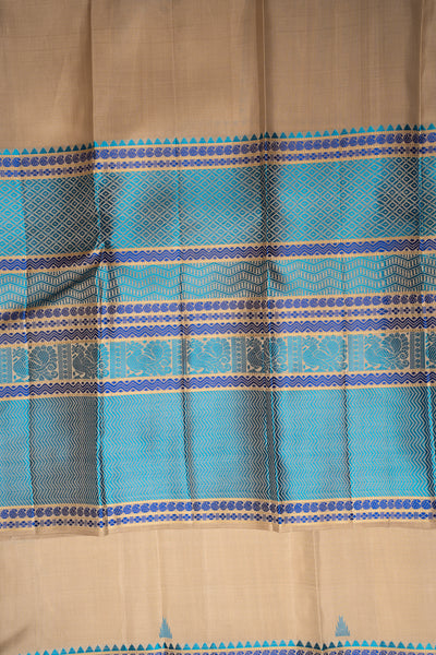 Beige and Blue Without Zari Pattu Pettu Pure Kanchipuram Silk Saree - Clio Silks